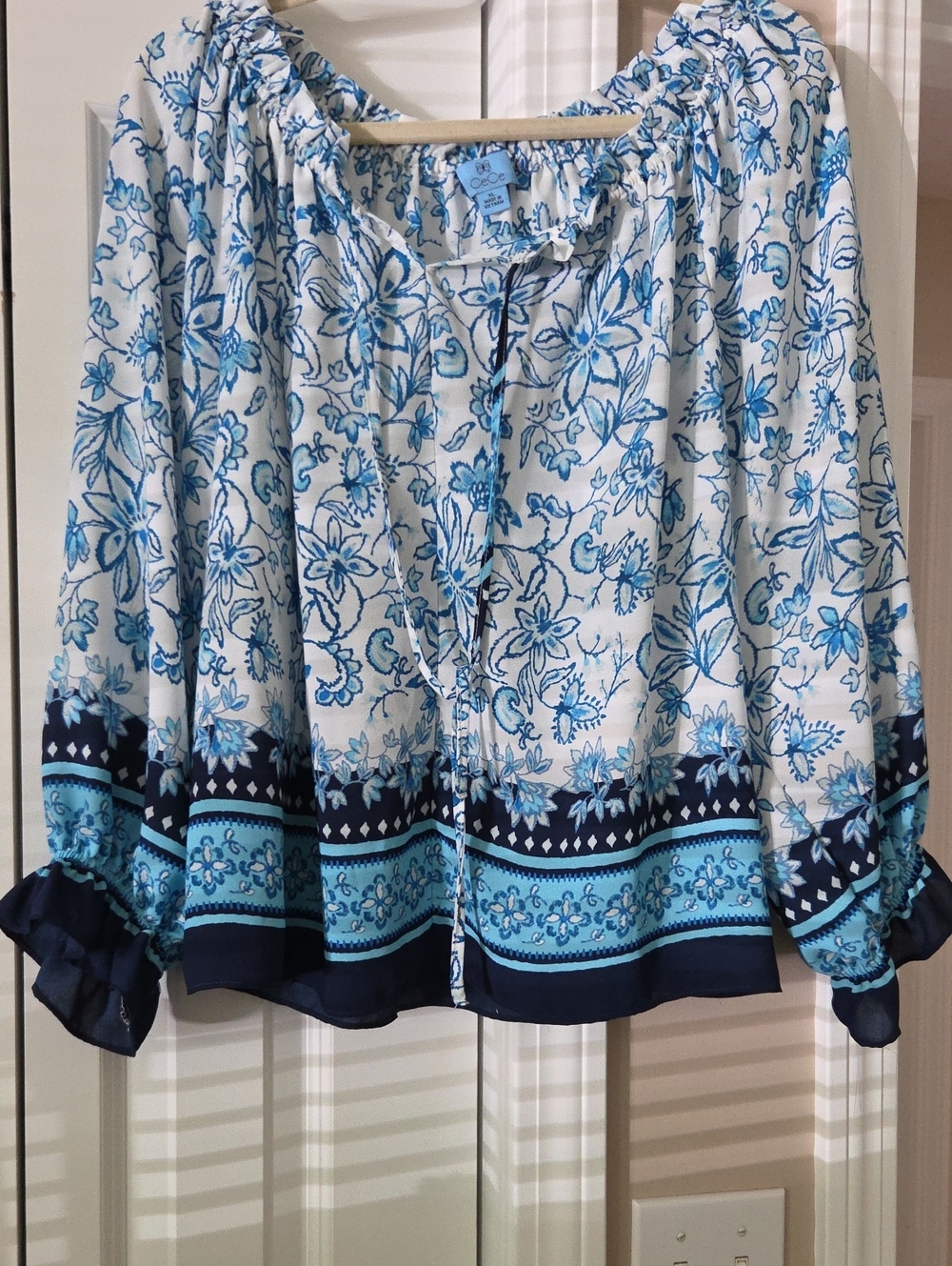 CeCe White and Blue Floral Peasant Blouse